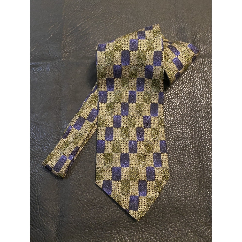 Fabio Fazio Made In Italy Silk Tie Navy Blue/Golden Tan+ Basket Weave Pattern